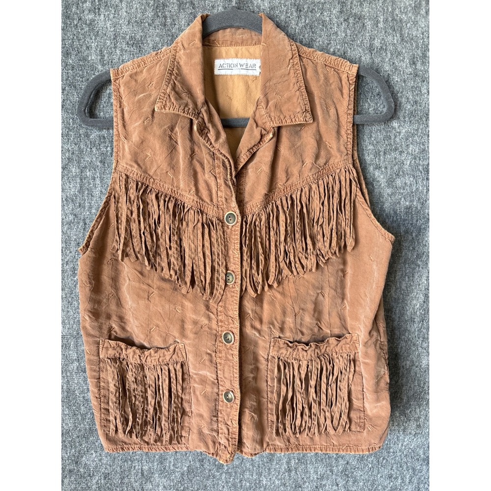 Action Wear USA‎ Womens Vintage Fringe Western Vest Tan Suede Look Size M USA
